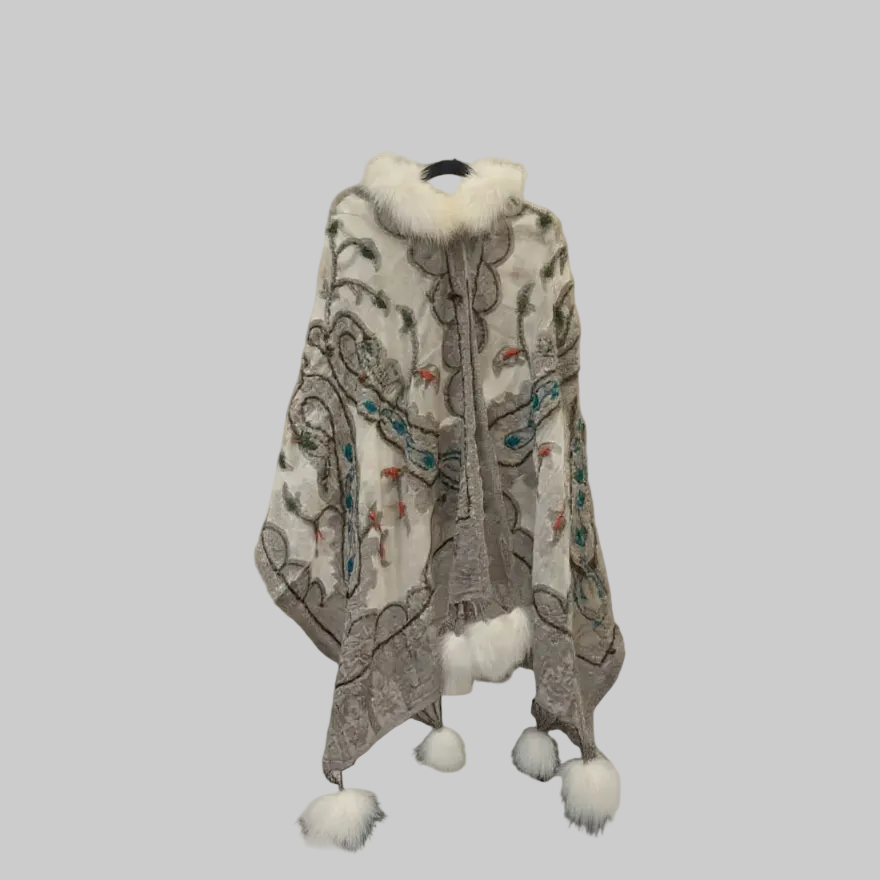 Handcrafted Kashmiri Embroidered Shawl With Plush Trim