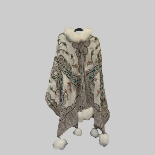 Handcrafted Kashmiri Embroidered Shawl With Plush Trim