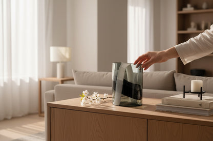 Person arranging a vase on a wooden side table in a living room.