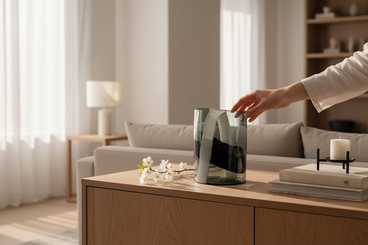 Person arranging a vase on a wooden side table in a living room.