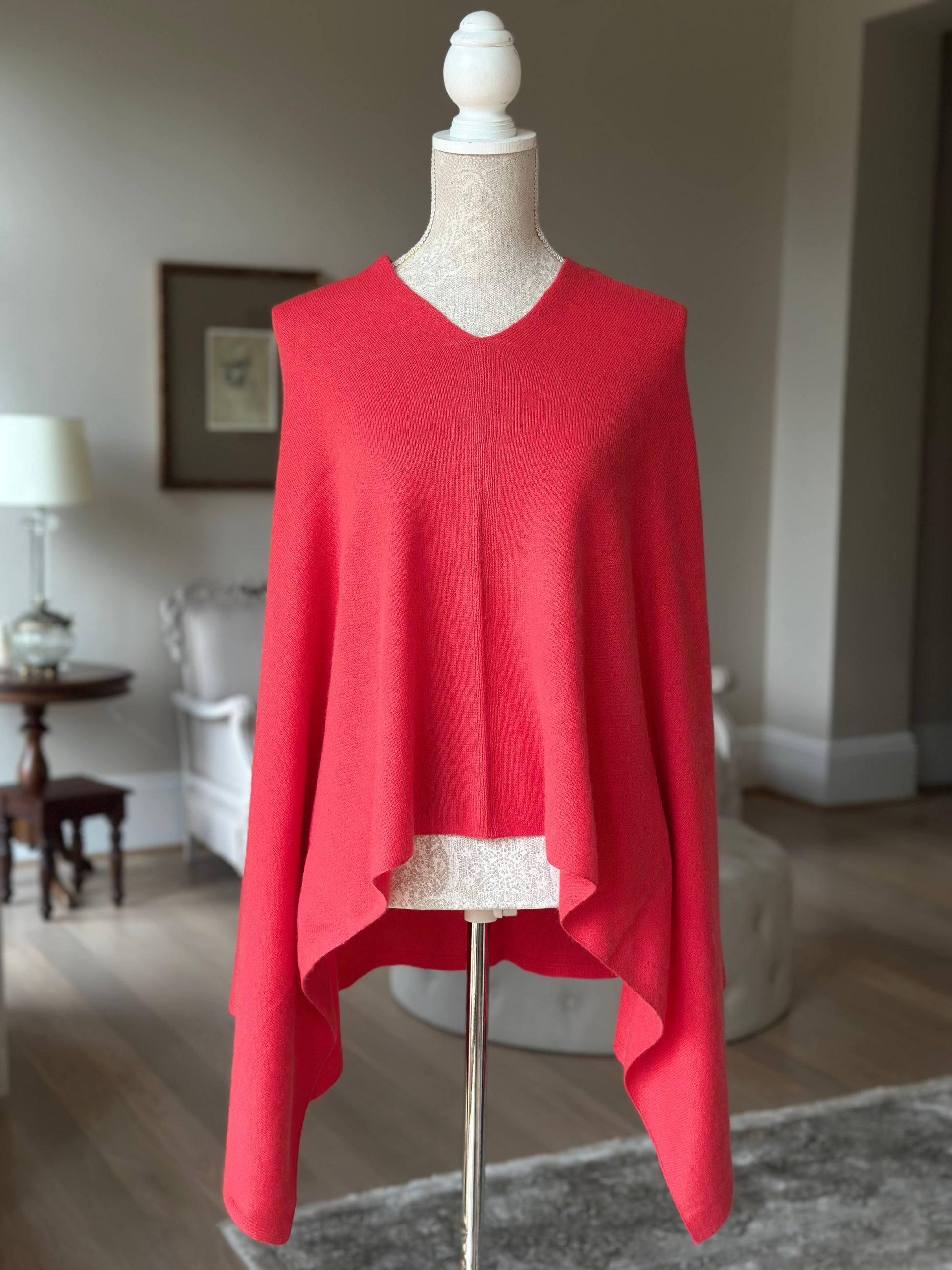 Raspberry Red Double Knit Cashmere Poncho - view 2