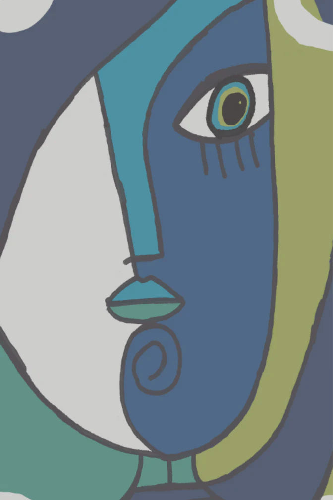 Lalela scarf featuring bold geometric shapes in teal, navy, and olive green on a soft white background, folded in a looped display