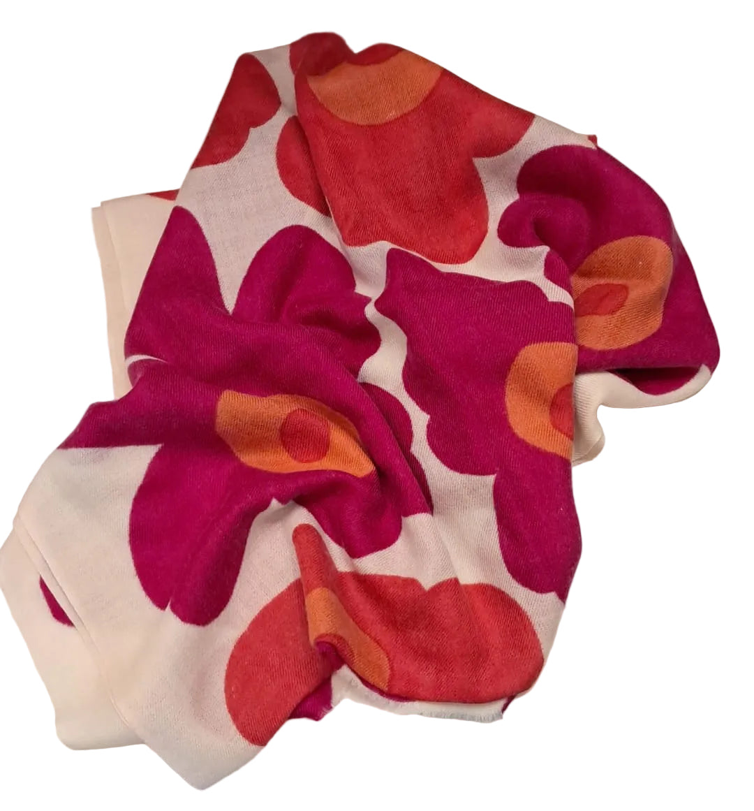 Cashmere Pink Orange Flower Wrap Scarf - Made In Nepal - Cashmere Scarf