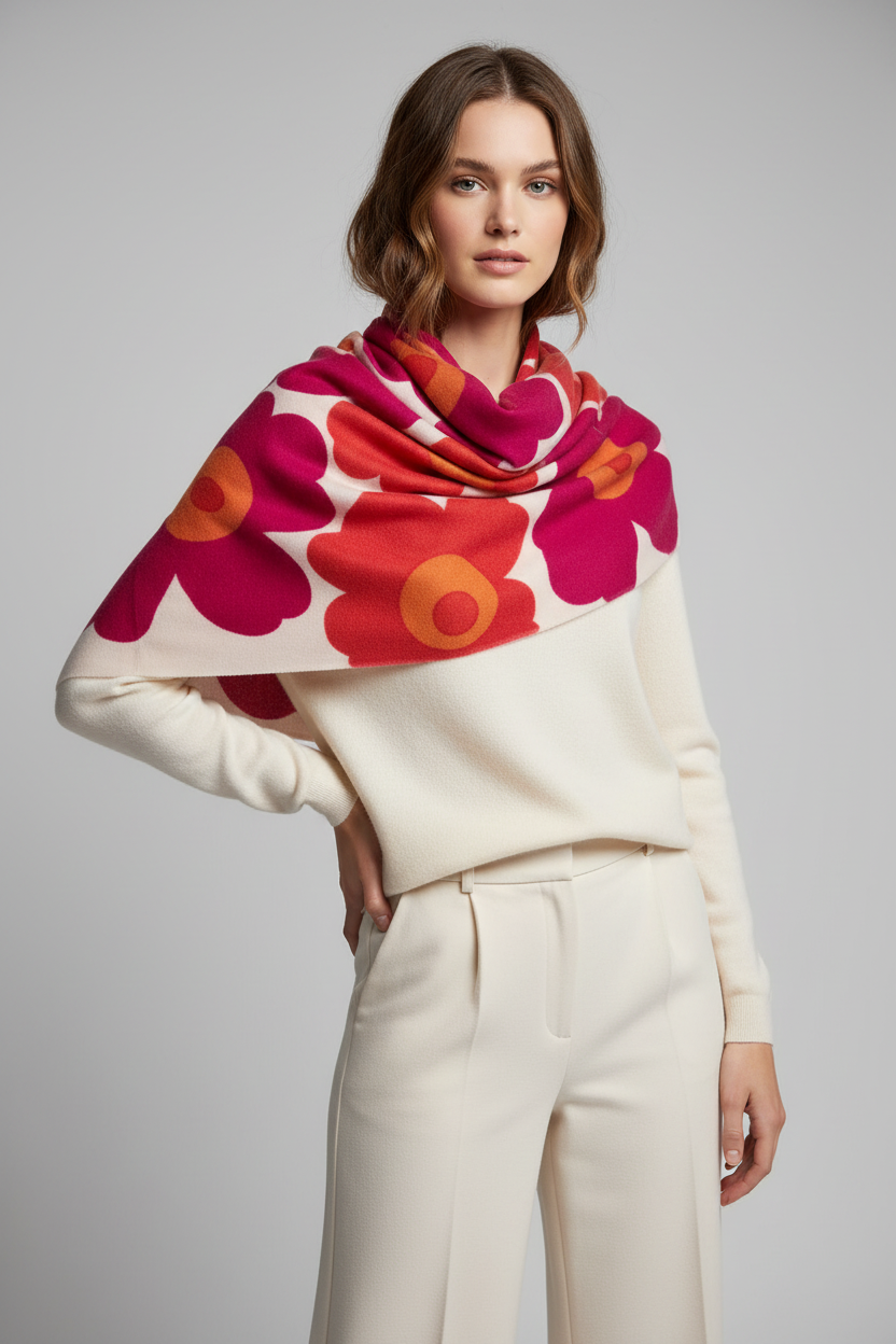 Cashmere Pink Orange Flower Wrap Scarf - Made In Nepal - Cashmere Scarf - view 2