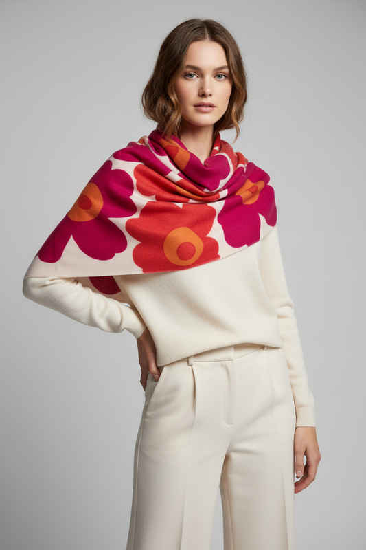 Cashmere Pink Orange Flower Wrap Scarf - Made In Nepal - Cashmere Scarf - view 2