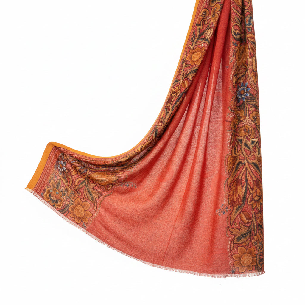 Rust Paisley Wool & Cashmere Blend Wrap Scarf - Made in Nepal - Cashmere Scarf