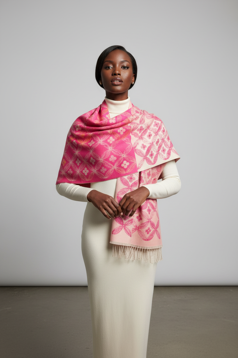 Pink Cashmere Blend Clover Reversible Scarf / Wrap
