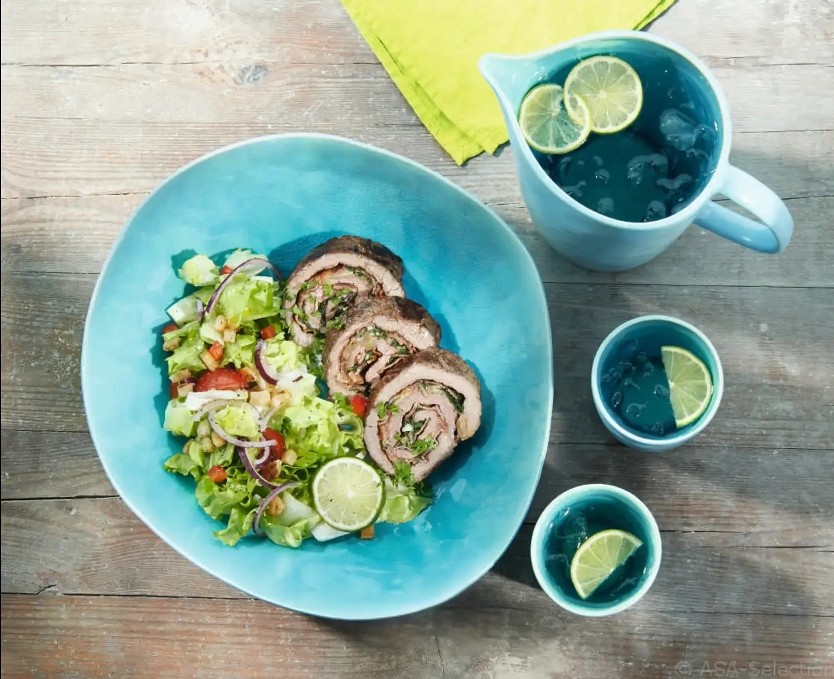 ASA Selection tableware collection with turquoise bowls and serving pieces.