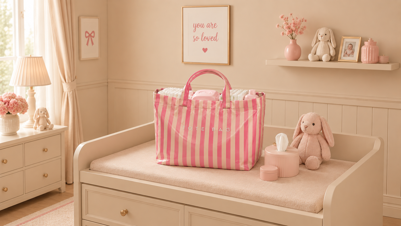 Pink striped baby storage bag displayed in a nursery with soft toys and baby essentials.
