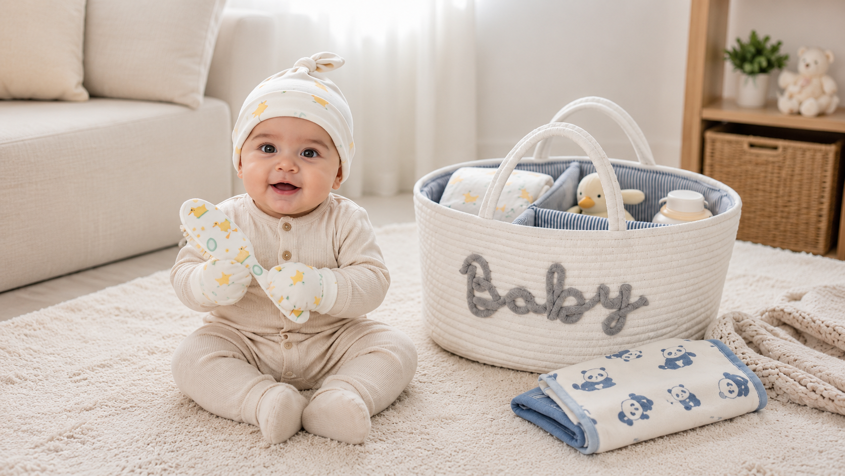 Baby wearing a hat and mittens beside a baby storage basket with blankets and accessories.