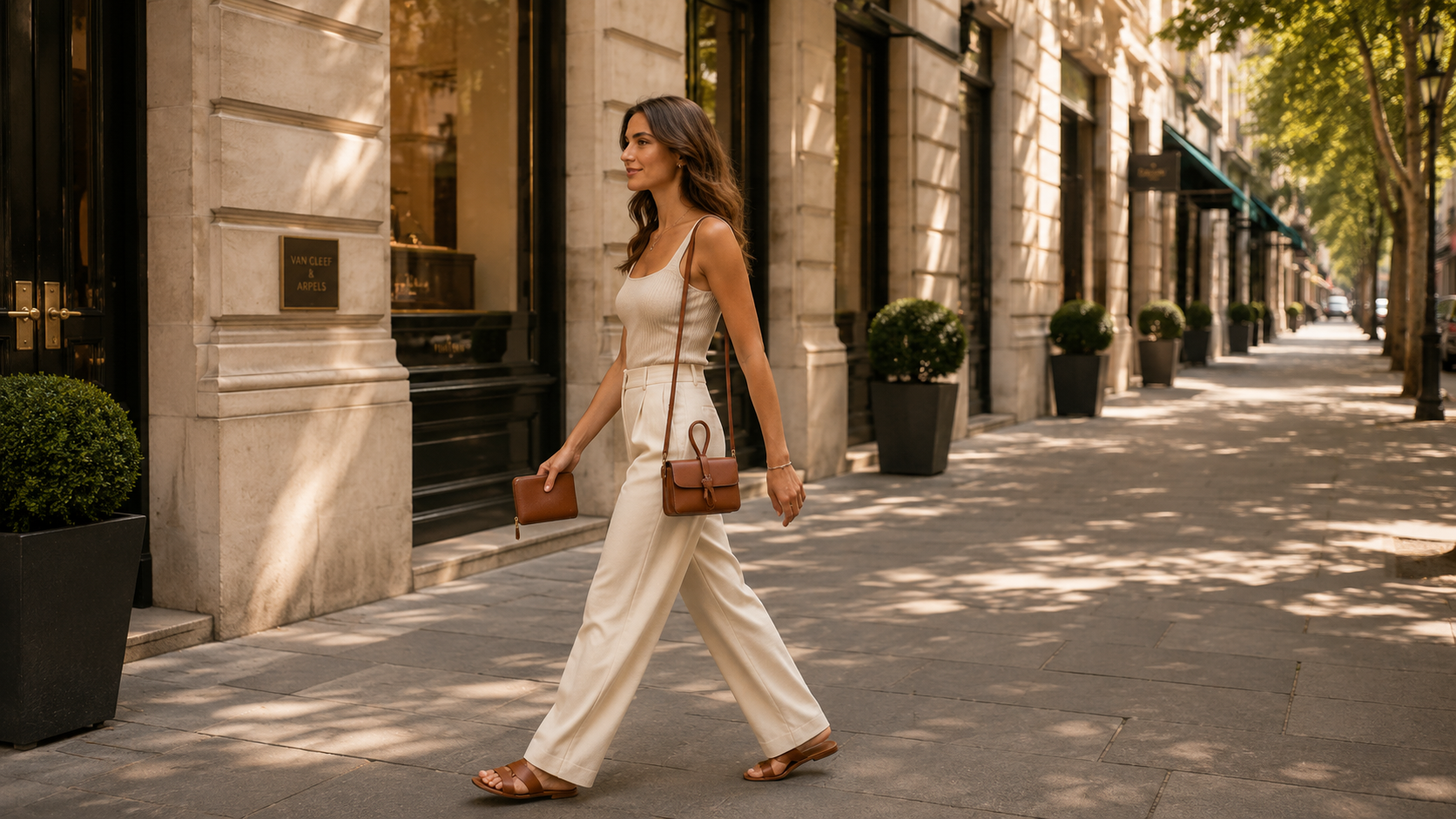 Woman walking outside with a leather handbag and matching purse.
