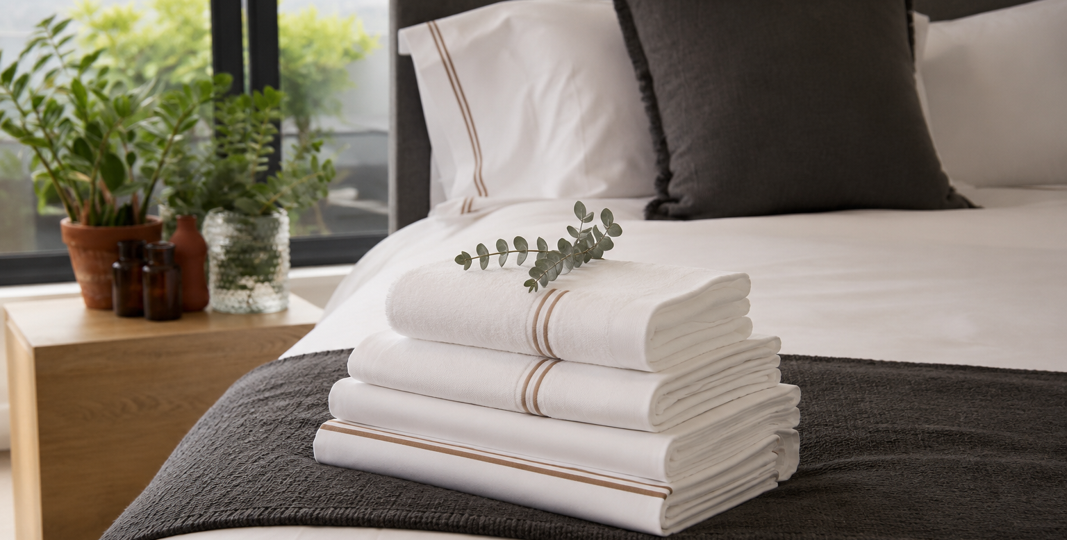 Stacked white towels on a bed with pillows, plants, and bathroom-style accessories nearby.