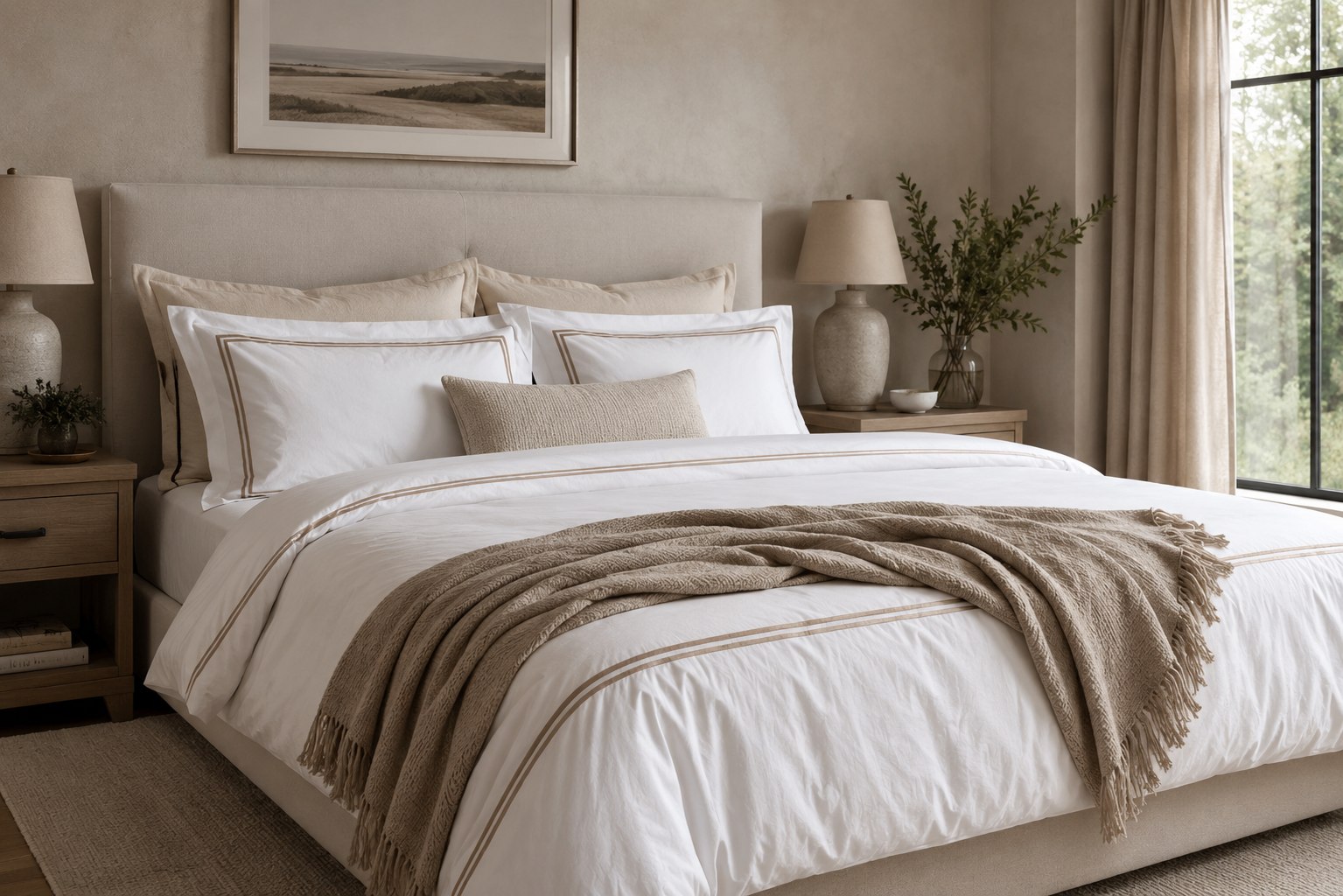 Layered white bedding with pillows, neutral throw blanket, bedside tables, lamps, and greenery.