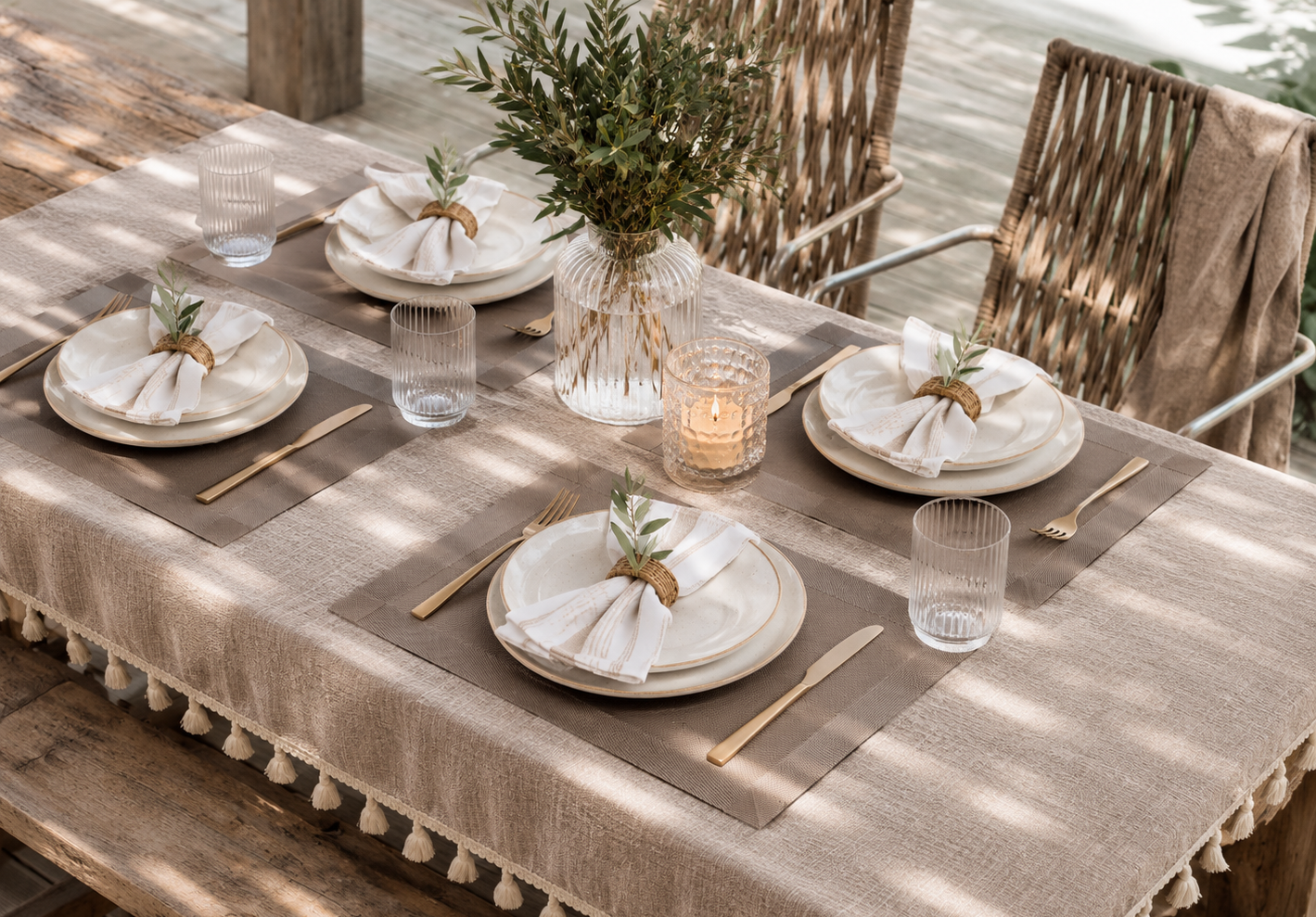 Dining table setting with napkins, placemats, table linen, glassware, cutlery, candle, and vase.
