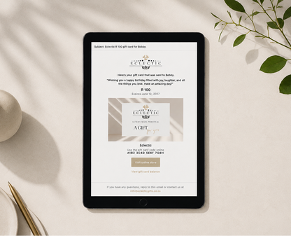 Digital gift certificate displayed on a tablet with a minimalistic background