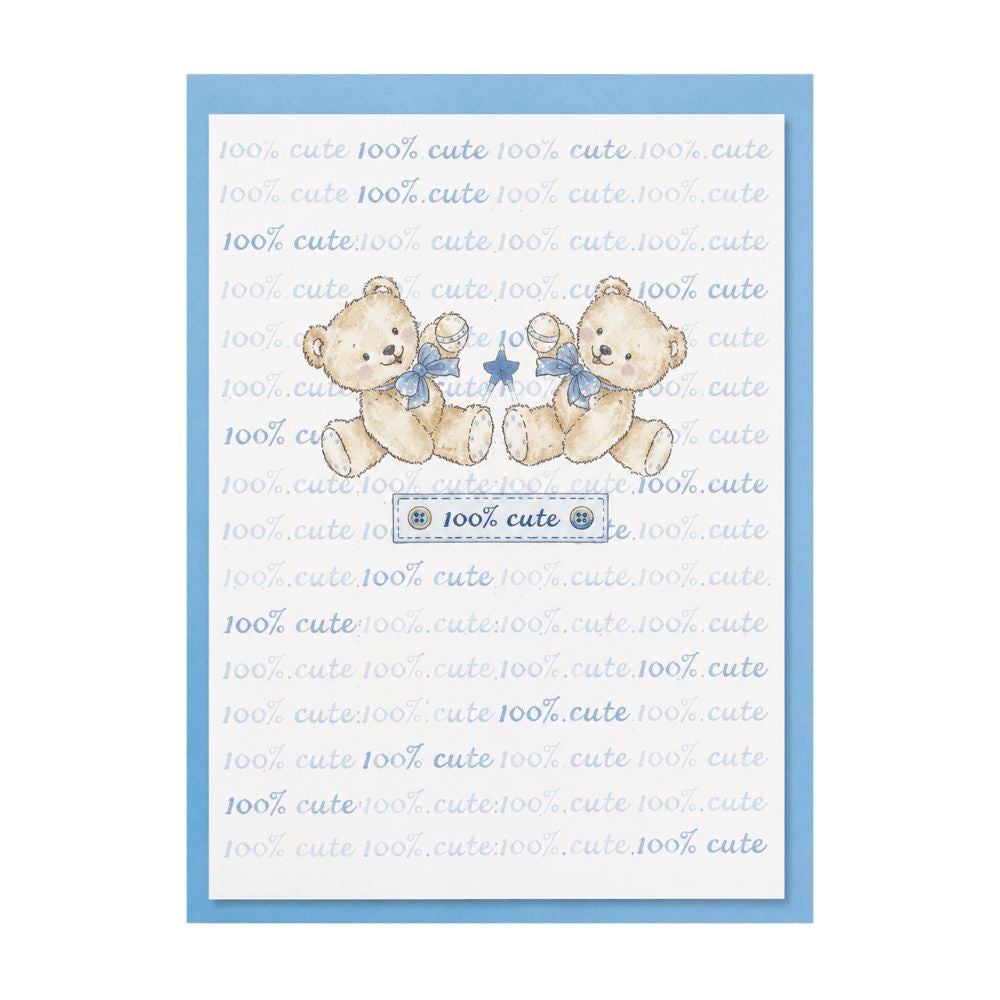 Eclectic 100% Cute baby greeting card featuring two teddy bears with blue bows and rattles on a light blue background.