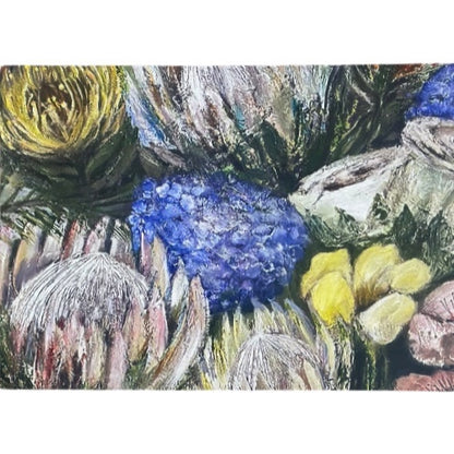 Eclectic abstract floral disposable placemat featuring painterly botanical artwork in vibrant blue, yellow, and white.