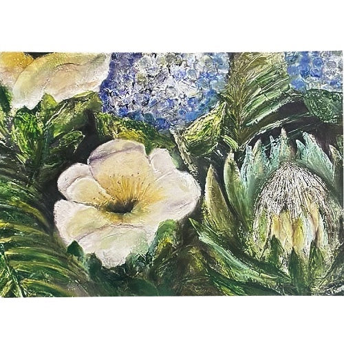 Eclectic abstract floral disposable placemat featuring painterly botanical artwork in vibrant multi-colour tones.