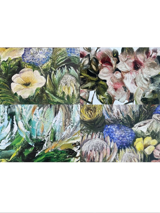 Eclectic set of four abstract floral disposable placemats featuring painterly botanical artwork in vibrant colours.