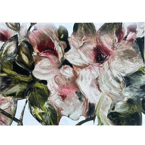 Eclectic abstract floral disposable paper placemat with painterly pink and green botanical artwork