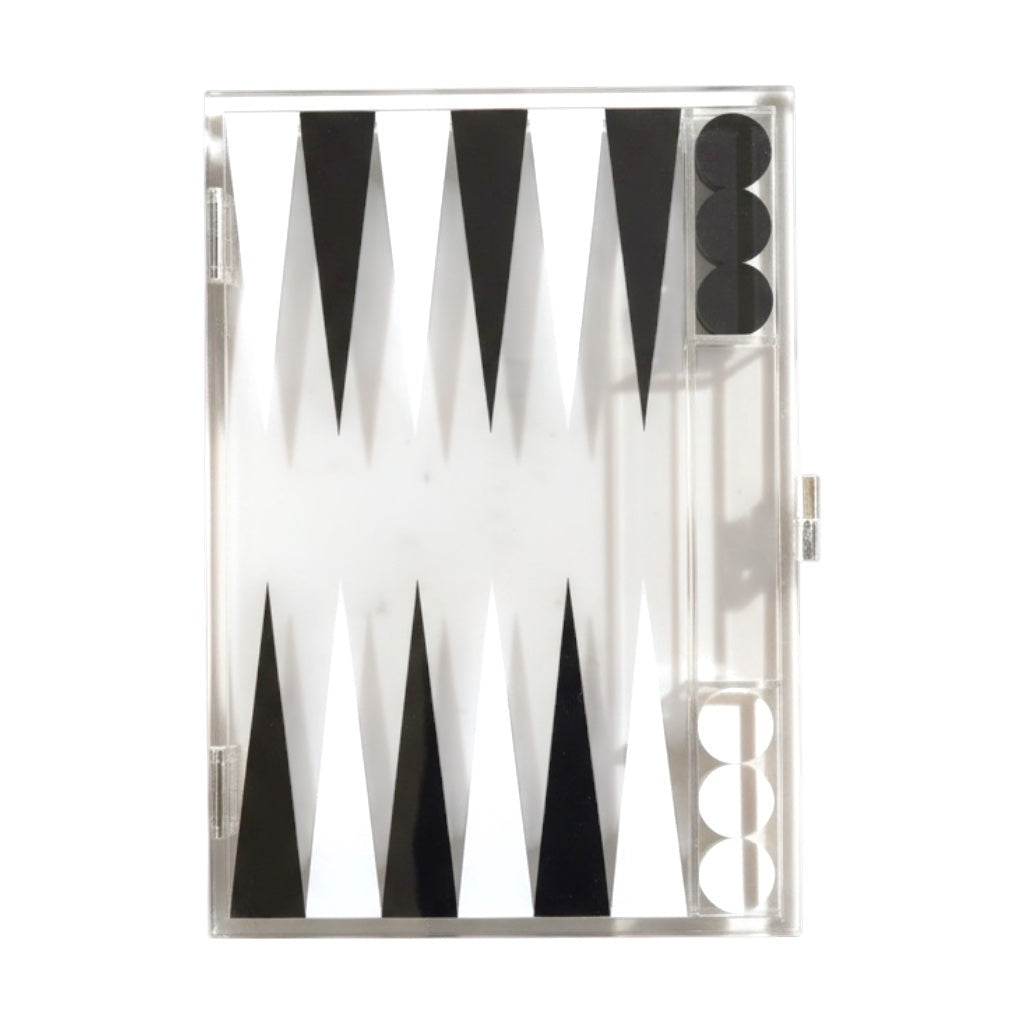 Eclectic contemporary acrylic backgammon set with a sleek black and white geometric board design.