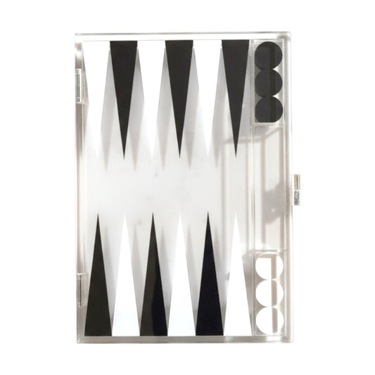 Eclectic contemporary acrylic backgammon set with a sleek black and white geometric board design.