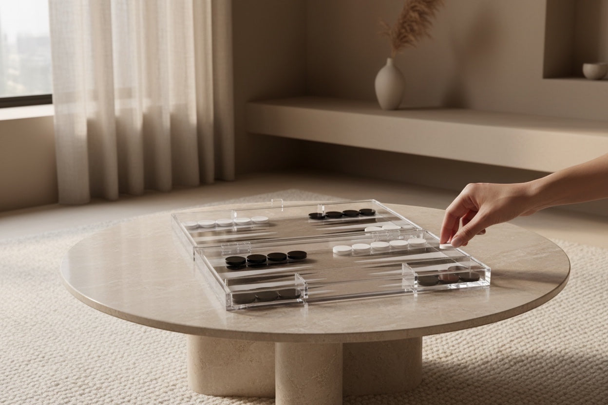 Eclectic modern acrylic backgammon set with black and white playing pieces on a beige stone coffee table.