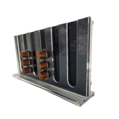 Eclectic clear acrylic espresso pod stand holding coffee capsules in a modern freestanding double-sided design