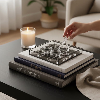 Eclectic modern acrylic noughts and crosses game set in black and clear on a stack of art books on a coffee table