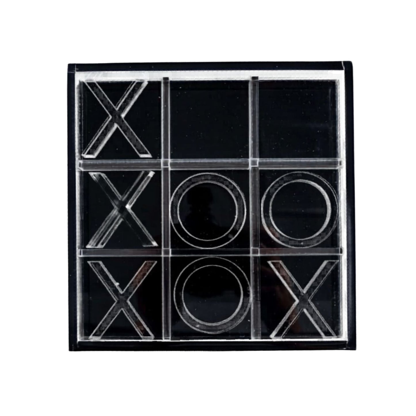 Eclectic modern acrylic noughts and crosses game set in sleek black and clear finish for coffee table decor