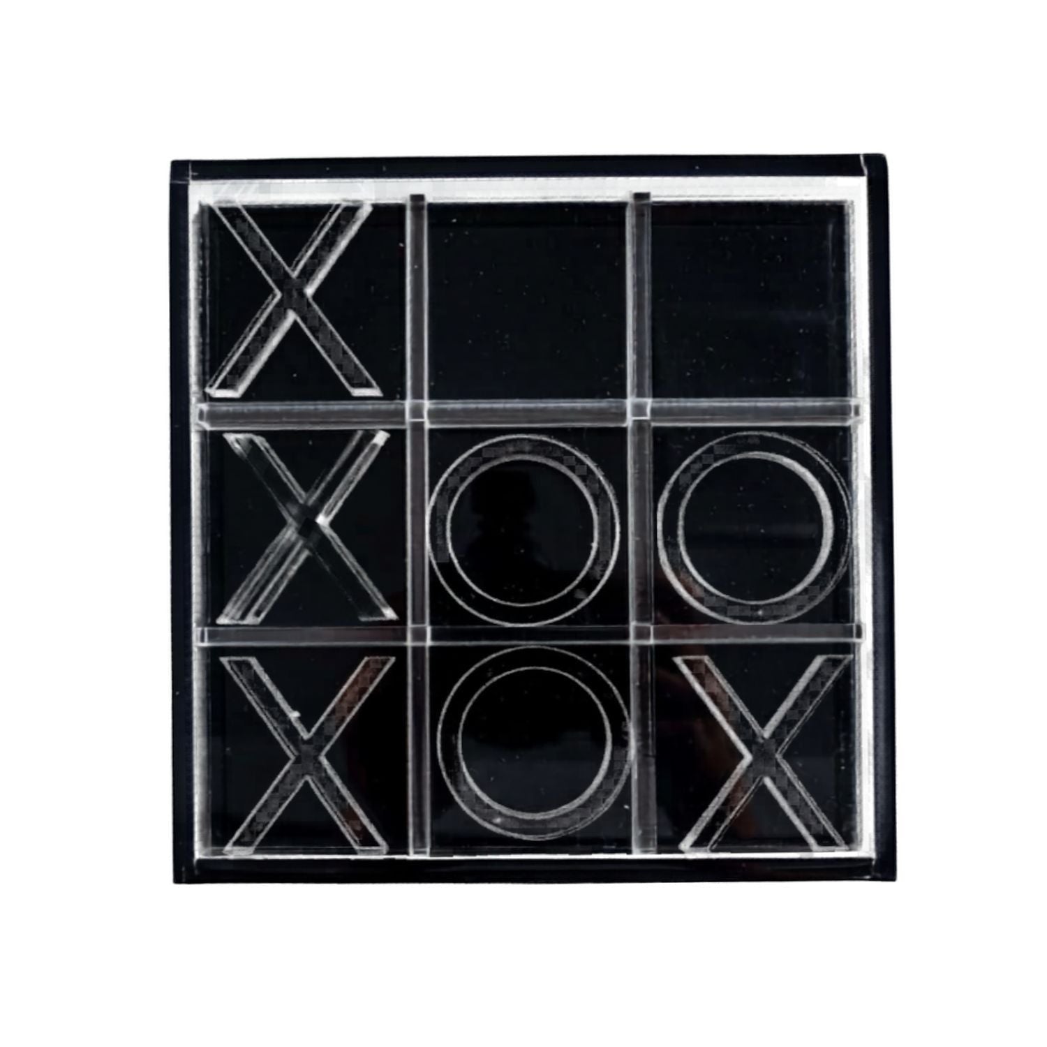 Eclectic modern acrylic noughts and crosses game set in sleek black and clear finish for coffee table decor