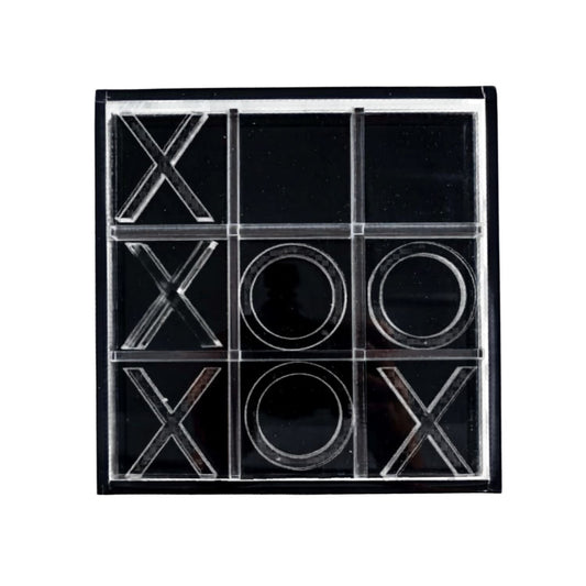 Eclectic modern acrylic noughts and crosses game set in sleek black and clear finish for coffee table decor