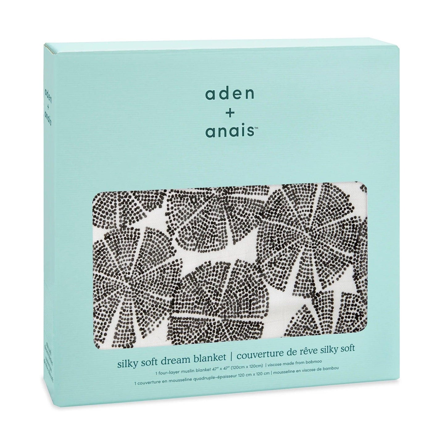 Eclectic Aden + Anais In Motion Wedges bamboo muslin dream blanket in its light blue gift box packaging.