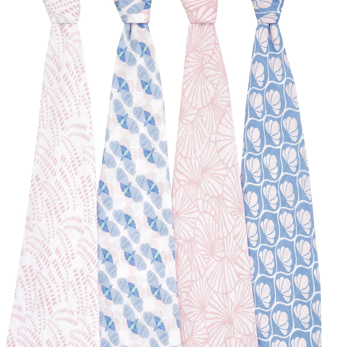 Eclectic Aden + Anais set of four Deco print cotton muslin swaddle blankets in soft pink and blue patterns.