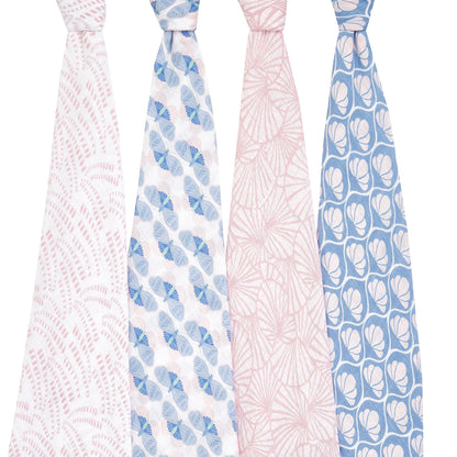Eclectic Aden + Anais set of four Deco print cotton muslin swaddle blankets in soft pink and blue patterns.