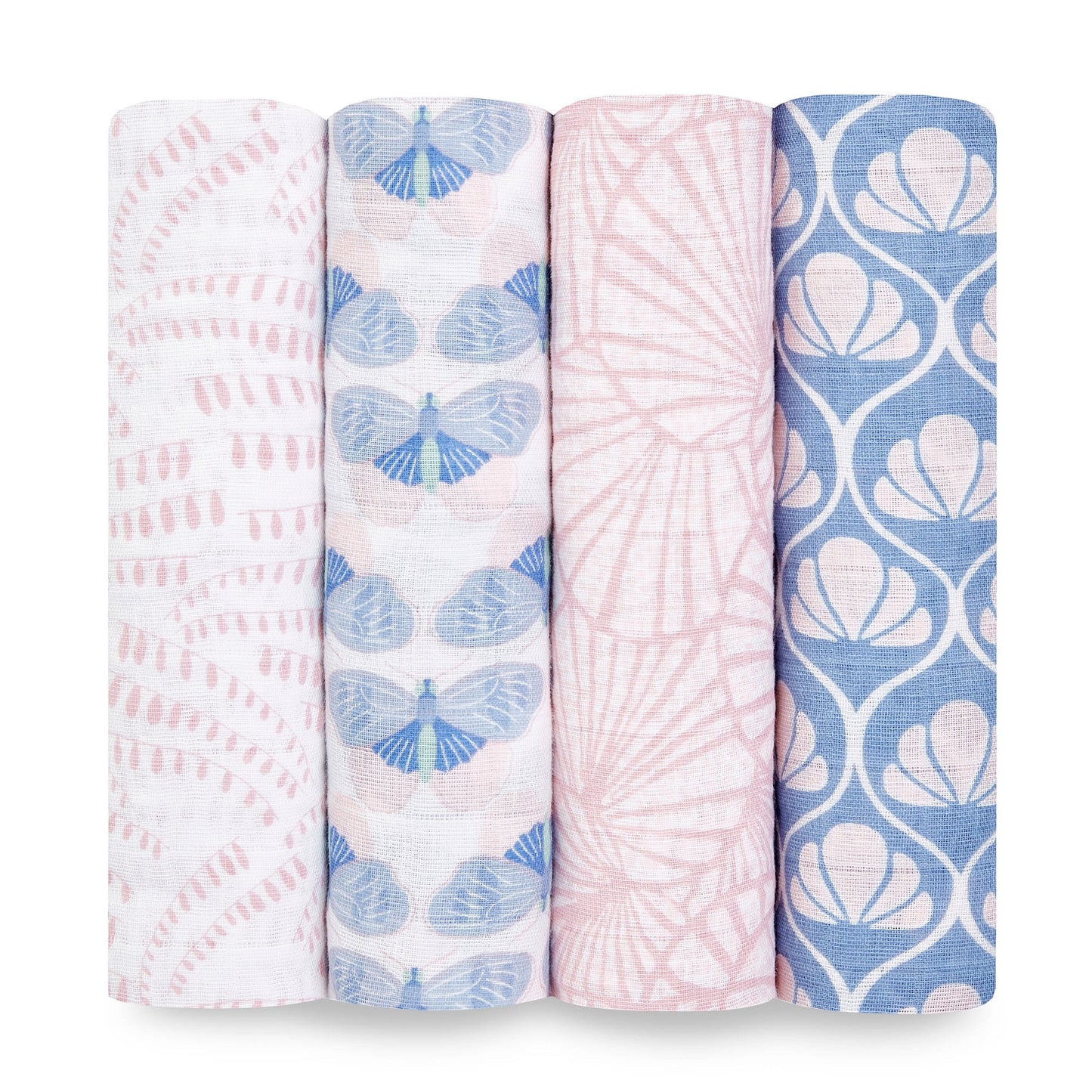 Eclectic Aden + Anais set of four cotton muslin swaddle blankets featuring blue and pink Deco patterns