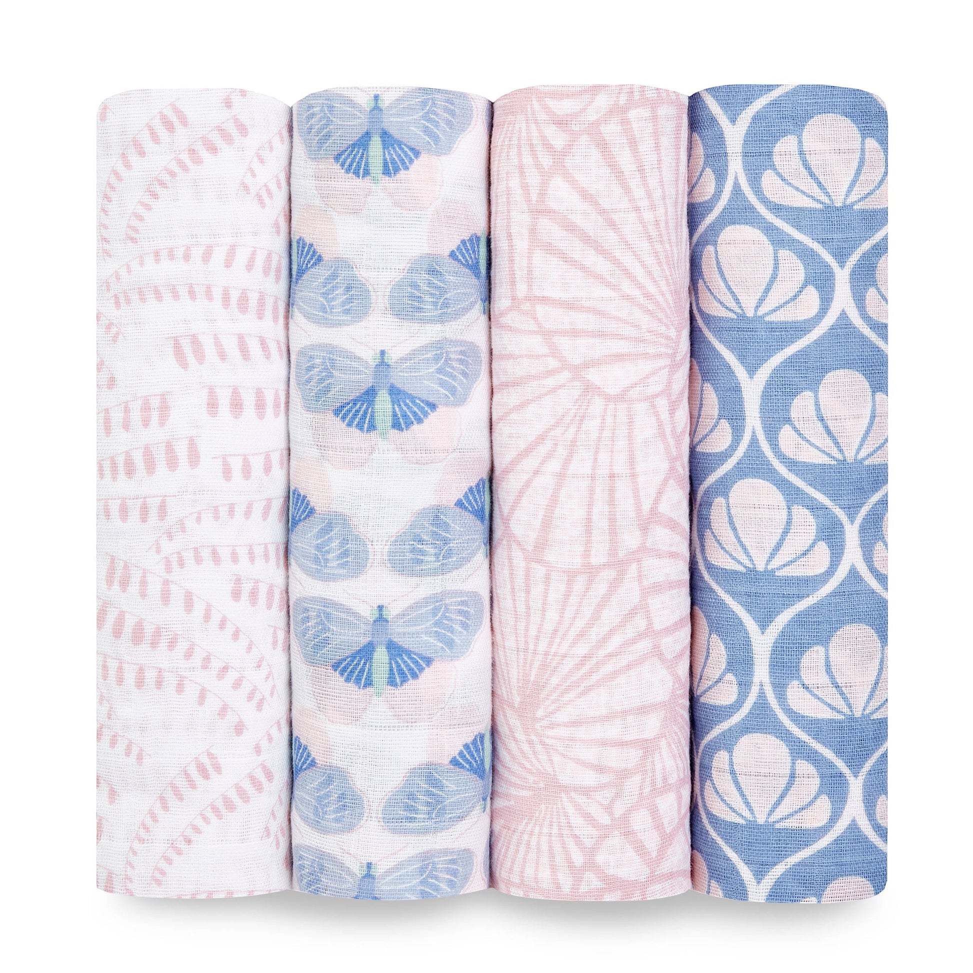 Eclectic Aden + Anais set of four cotton muslin swaddle blankets featuring blue and pink Deco patterns