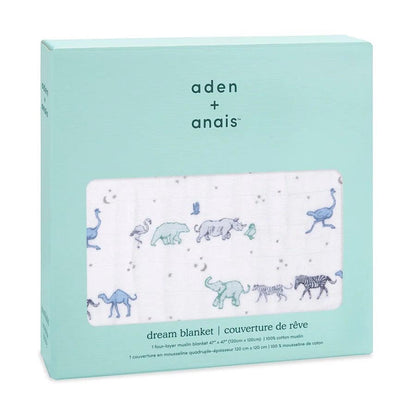 Eclectic Aden + Anais Rising Star dream blanket in four-layer cotton muslin with blue animal print in gift box