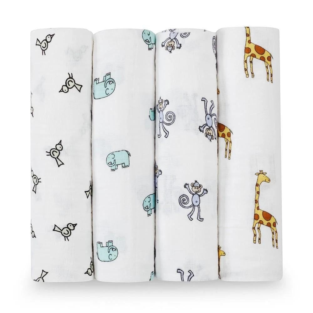 Eclectic Aden + Anais cotton muslin swaddle blankets featuring playful jungle animal prints on white fabric