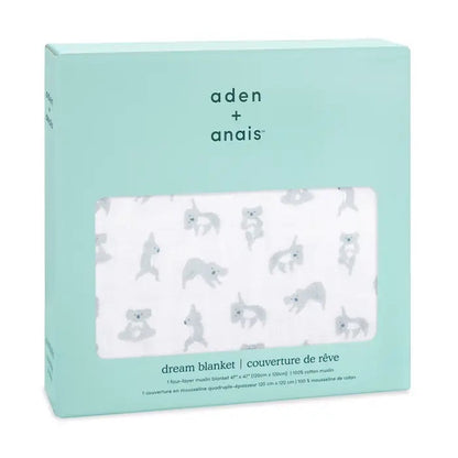 Eclectic Aden + Anais Now + Zen cotton muslin dream blanket in a gift box with a cute koala print.