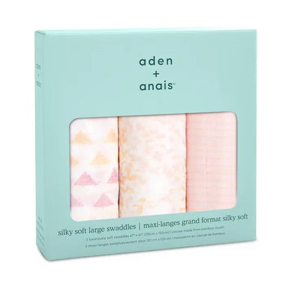 Eclectic Aden + Anais set of 3 metallic primrose birch bamboo muslin swaddles in a light blue gift box.
