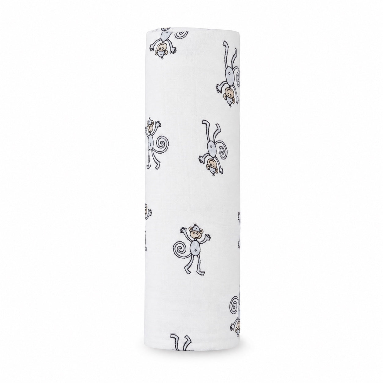 Eclectic Aden + Anais Jungle Jam muslin swaddle blanket featuring a playful white and grey monkey print pattern