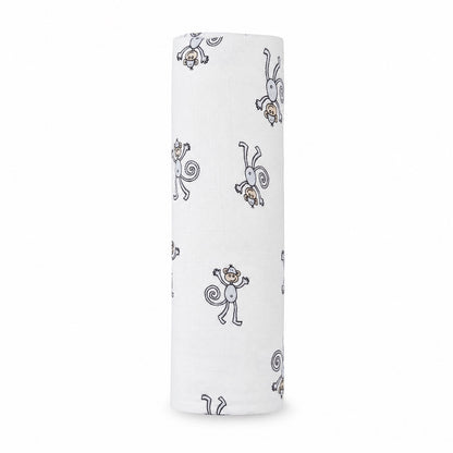 Eclectic Aden + Anais Jungle Jam muslin swaddle blanket featuring a playful white and grey monkey print pattern