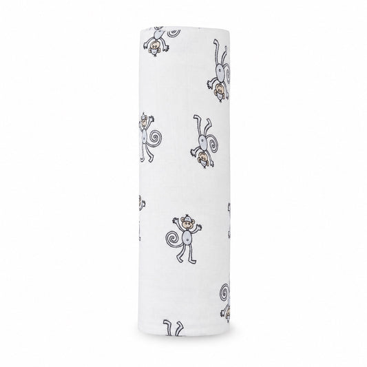 Eclectic Aden + Anais Jungle Jam muslin swaddle blanket featuring a playful white and grey monkey print pattern
