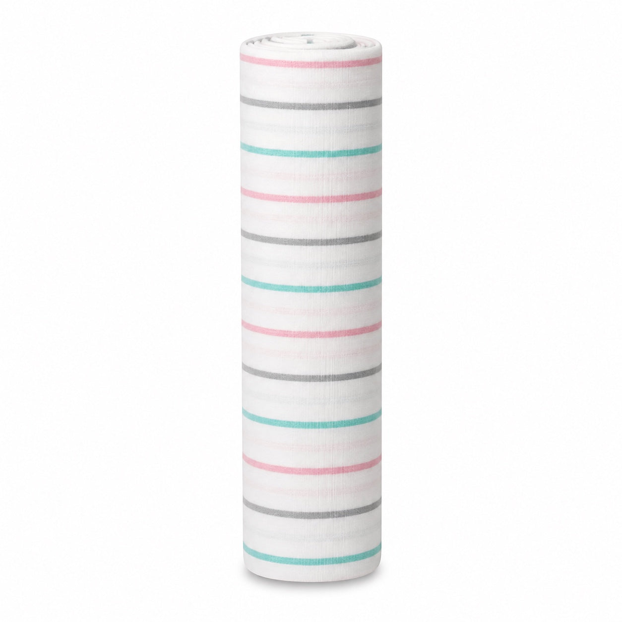 Eclectic Aden + Anais pastel stripe muslin cotton swaddle blanket rolled up on a white background.