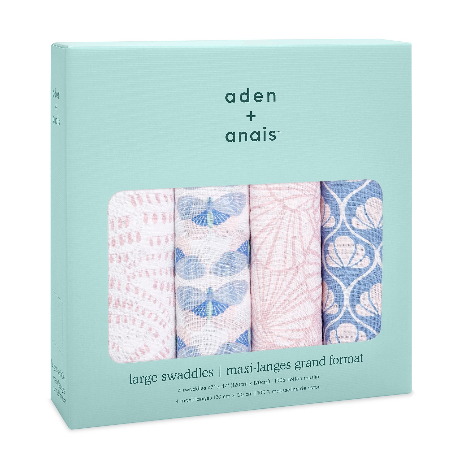 Eclectic Aden + Anais Deco muslin swaddle blanket set of 4 in a light blue gift box with patterned cotton fabrics