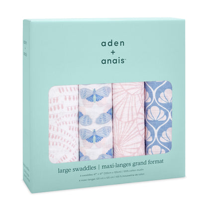 Eclectic Aden + Anais Deco muslin swaddle blanket set of 4 in a light blue gift box with patterned cotton fabrics