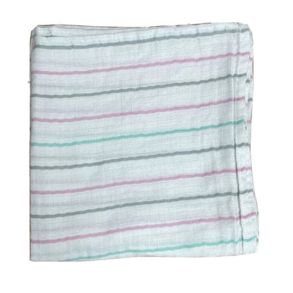 Eclectic Aden + Anais pastel stripe muslin cotton swaddle blanket folded for a soft and breathable baby essential.