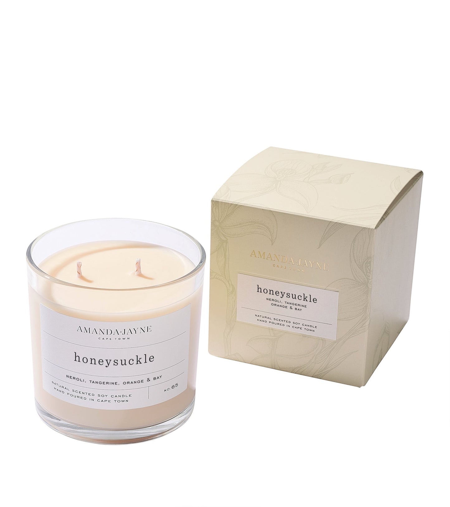 Eclectic Amanda Jayne Honeysuckle double wick soy candle in a glass tumbler with its matching floral gift box.