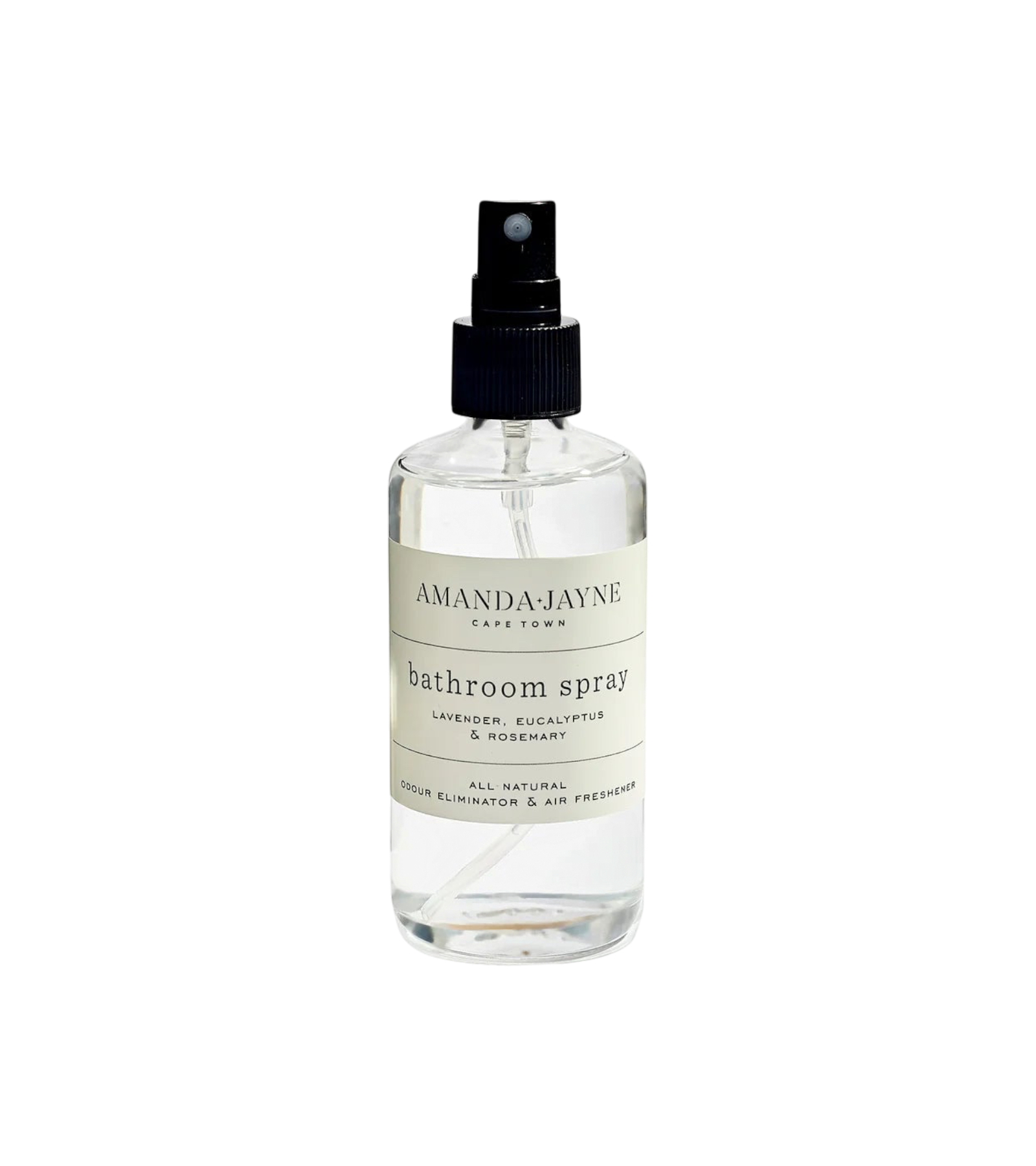 Eclectic Amanda Jayne lavender eucalyptus and rosemary room spray in a clear glass bottle with a black pump.